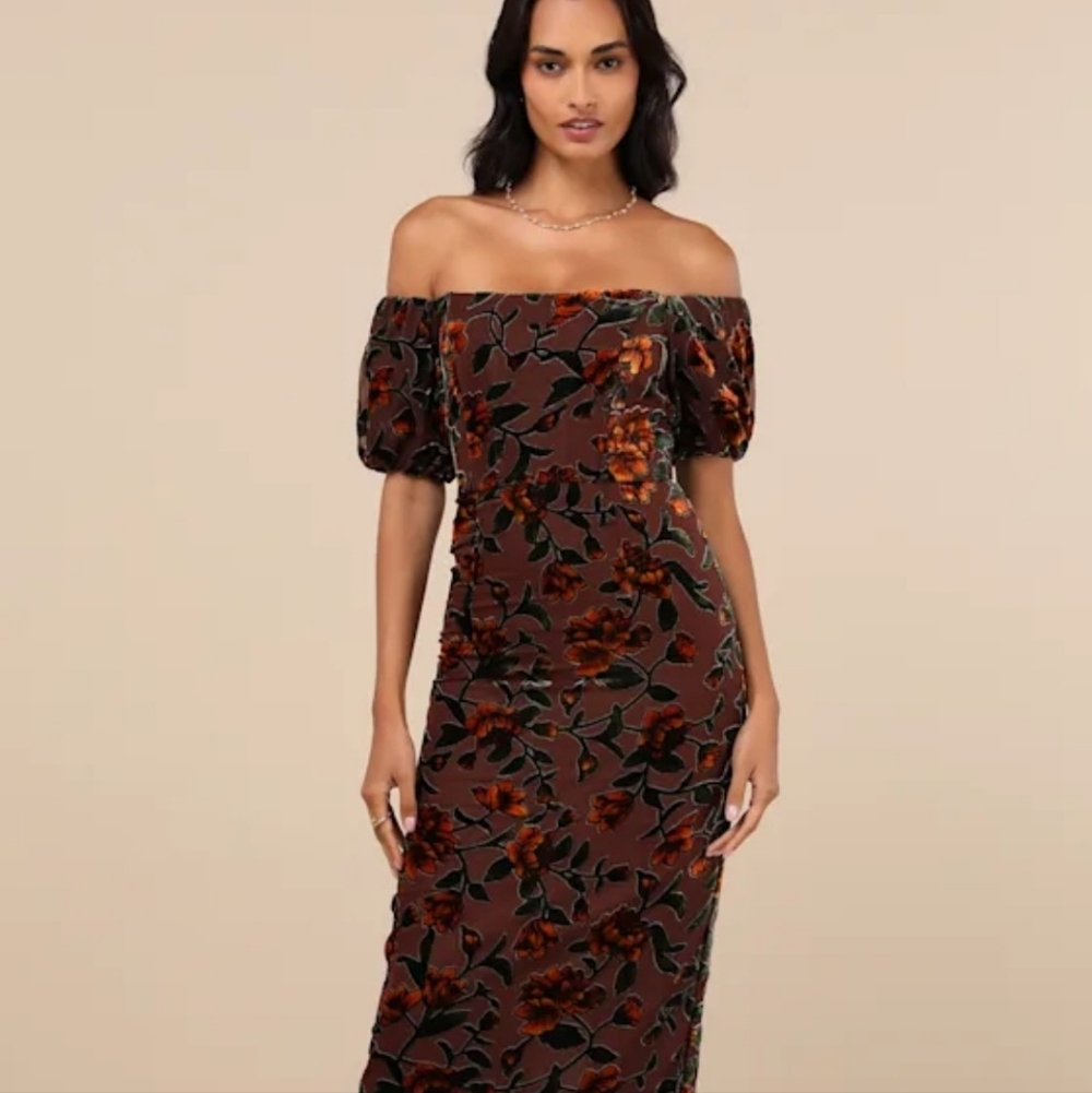 Lulus Off-Shoulder Brown Floral Velvet Midi Dress